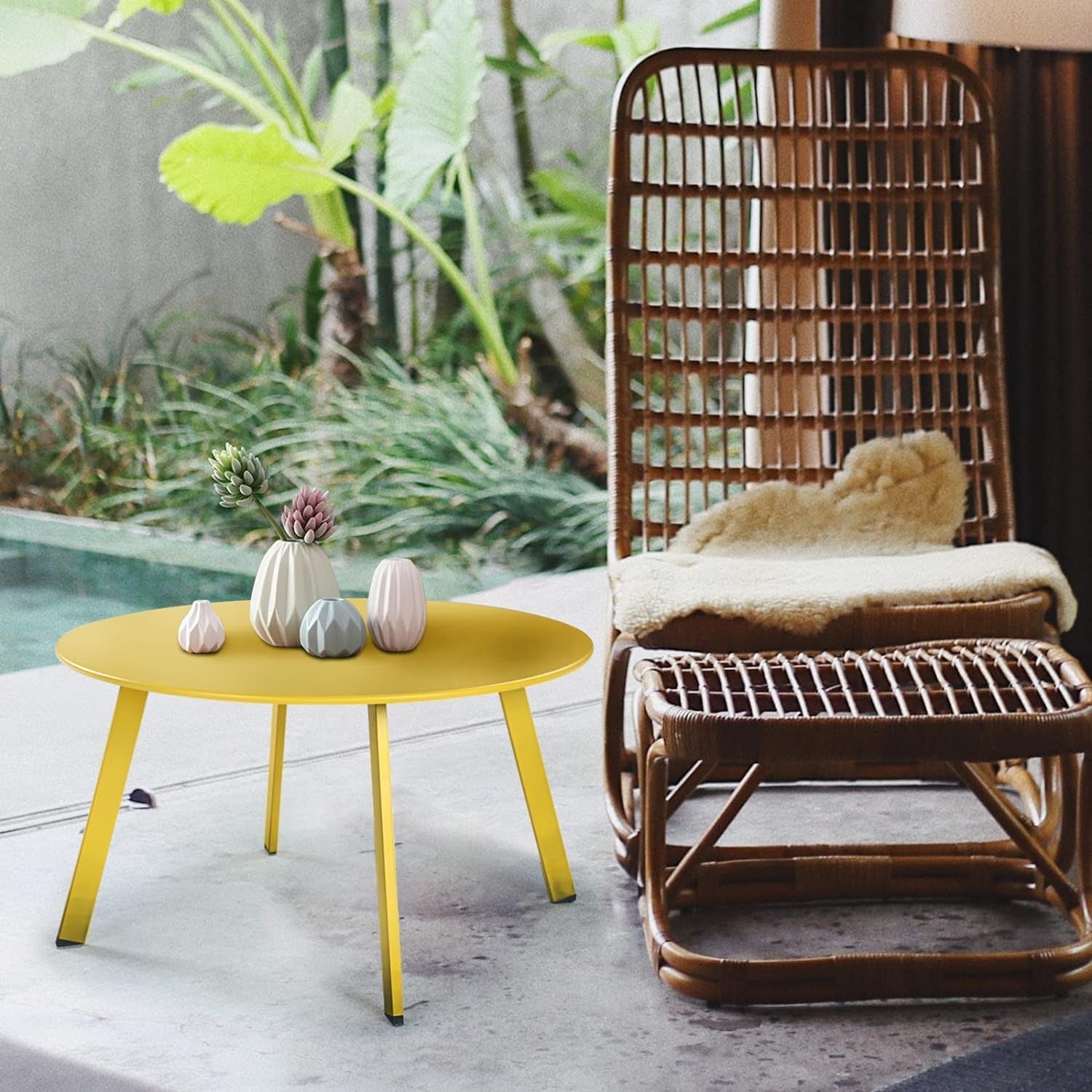 round Steel Patio Coffee Table, Weather Resistant Outdoor Large Side Table, Yellow…