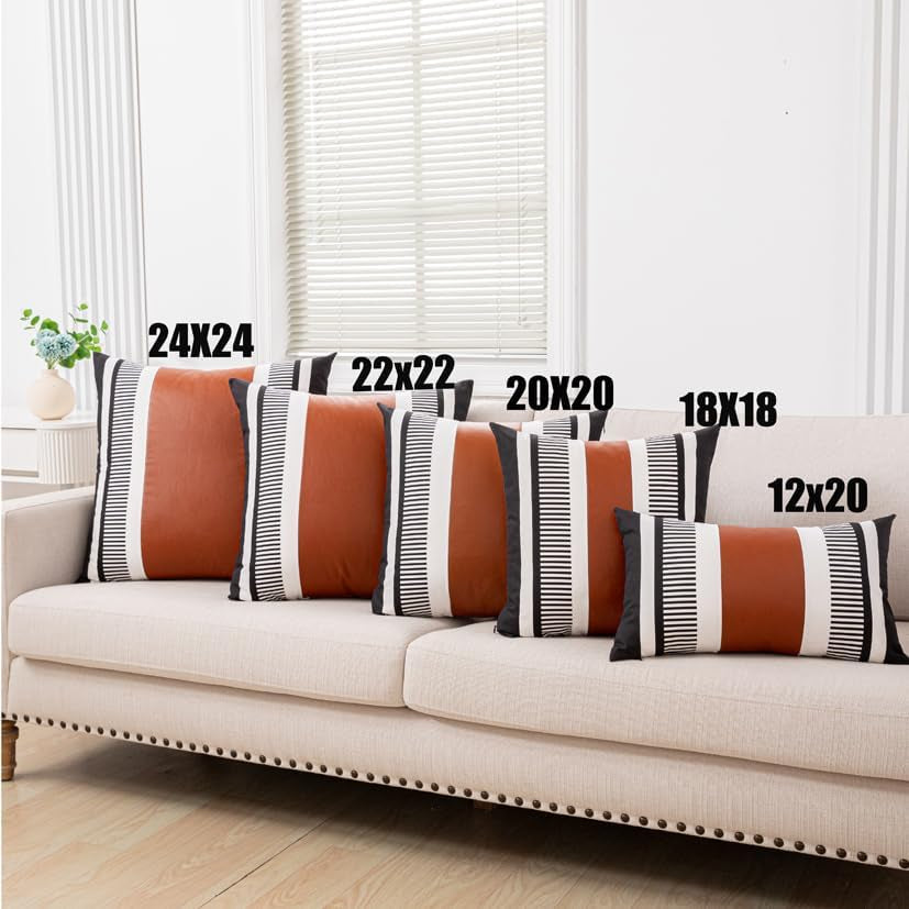 Farmhouse Throw Pillow Covers -Decorative Faux Leather Pillow Cases for Couch Sofa Livingroom Tribal Stripe Accent Cushion Cover 18X18 Inch (2, 18''X18'')