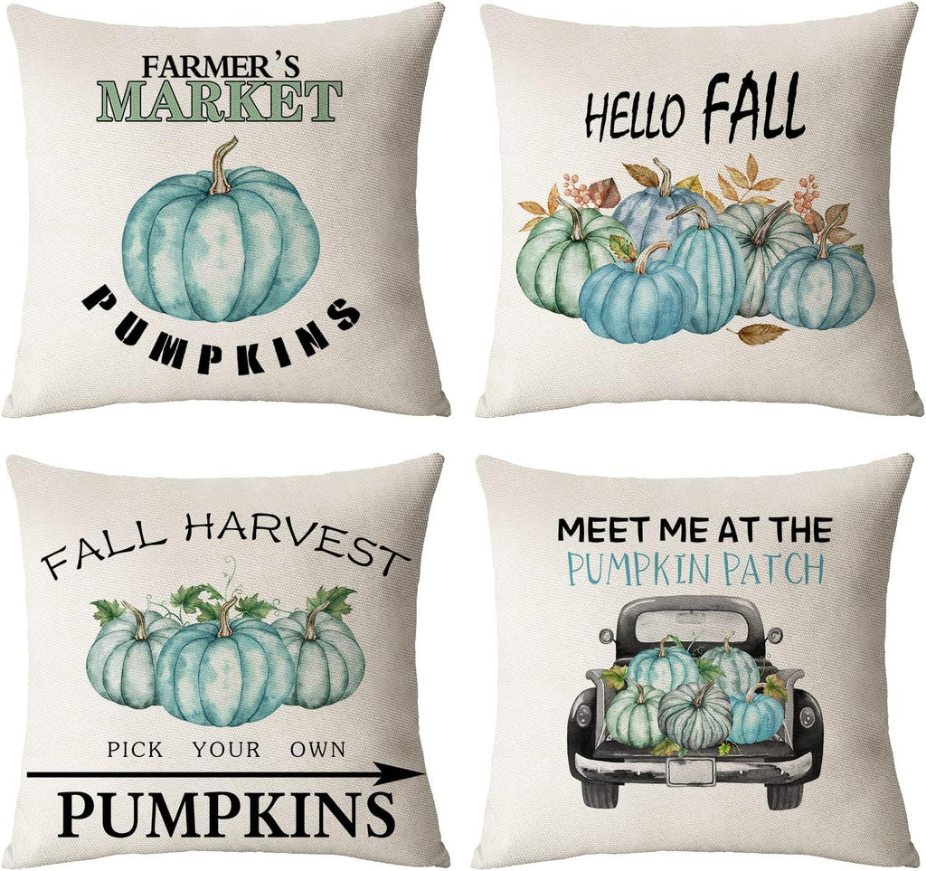 Set of 4 Fall Pillow Covers 16X16 Inch Thanksgiving Throw Pillows Covers Autumn Blue Pumpkins Decorative Cushion Covers Home Outdoor Sofa Couch Pillow Cases for Fall Decorations (16 by 16)