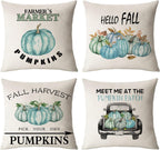 Set of 4 Fall Pillow Covers 16X16 Inch Thanksgiving Throw Pillows Covers Autumn Blue Pumpkins Decorative Cushion Covers Home Outdoor Sofa Couch Pillow Cases for Fall Decorations (16 by 16)