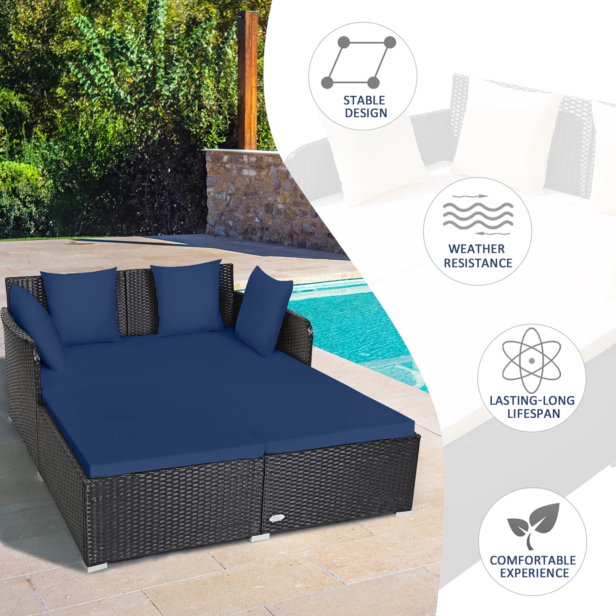 Outdoor Patio Rattan Daybed Pillows Cushioned Sofa Furniture Navy