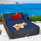 Outdoor Patio Rattan Daybed Pillows Cushioned Sofa Furniture Navy