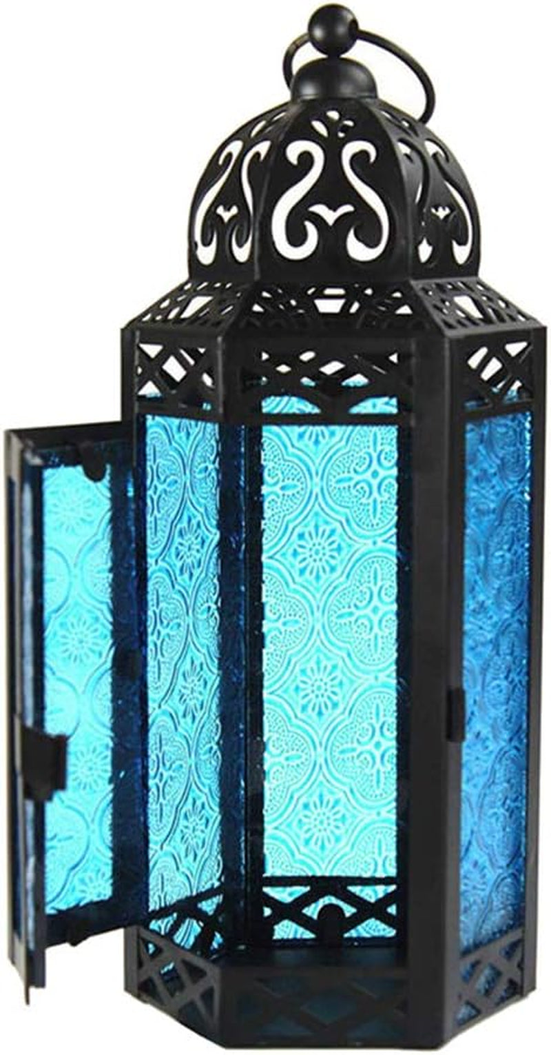 Hanging Lantern, Vintage Wrought Iron Hanging Candle Holder, Candle Holder for Courtyard Table (Blue)