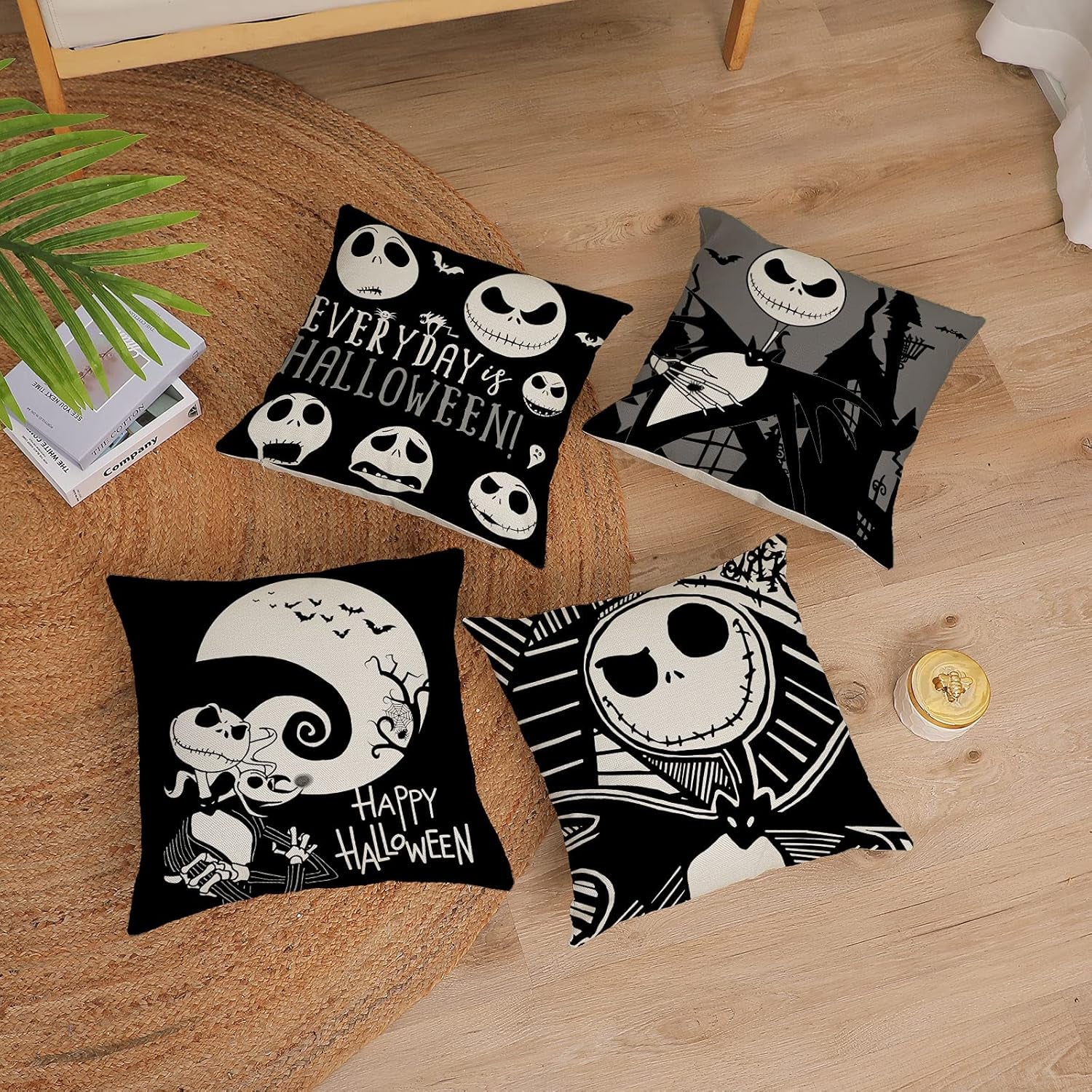 Halloween Decor Pillow Covers 18X18 Set of 4 Halloween Fall Black Decorative Throw Pillows Skeleton Ghost Pillow Cases Home Outdoor Sofa Couch Cushion Covers for Halloween Decorations (18 by 18)