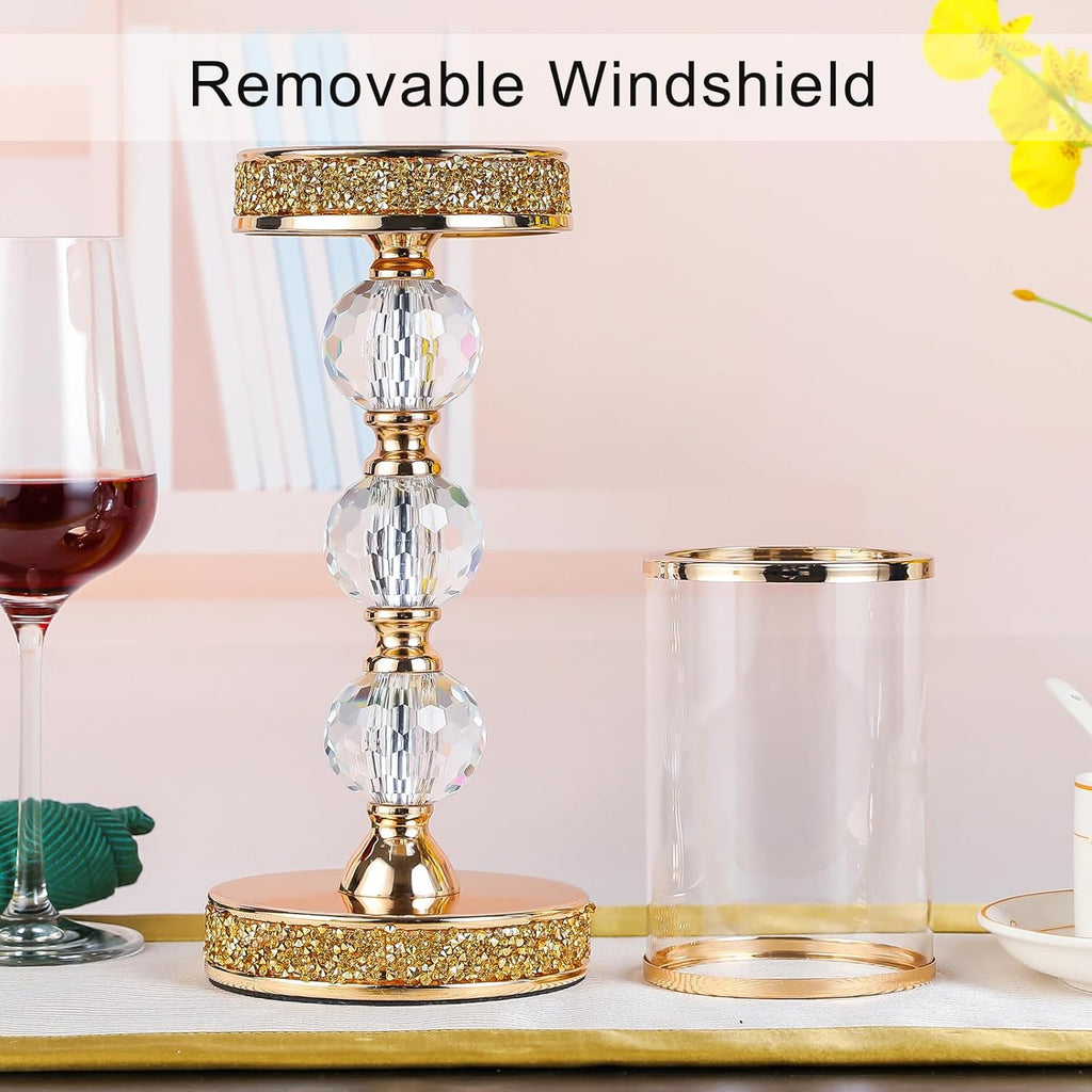 Hurricane Glass Candle Holders, Gold Pillar Candle Holders for Pillar Candle, Magnetic Glass Cover, Crystal Candlesticks Holder for Dining Coffee Table, Wedding,Events,Parties, Home Decor
