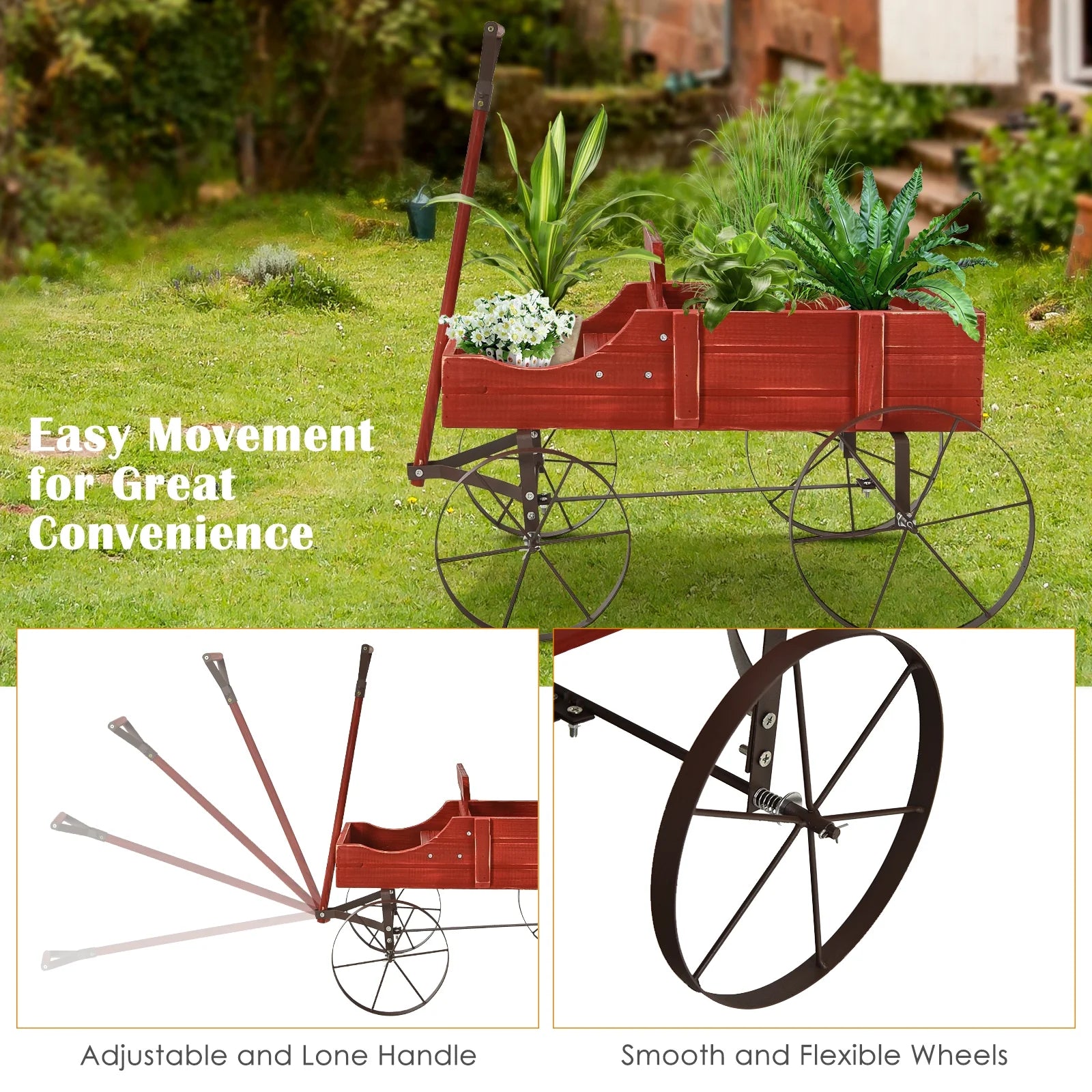 Wooden Garden Flower Planter Wagon Wheel Plant Bed Decorative Garden Planter for Backyard Garden Red