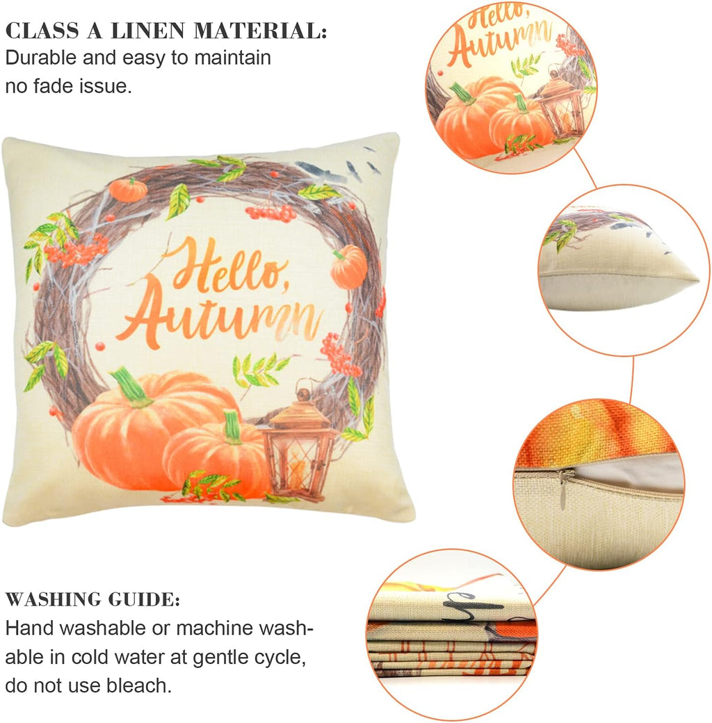 Thanksgiving Throw Pillow Covers - Pumpkin Pillow Covers, Fall Accent Pillows for Thanksgiving Decorations(18 X 18, 4 Designs, 4 Pack)