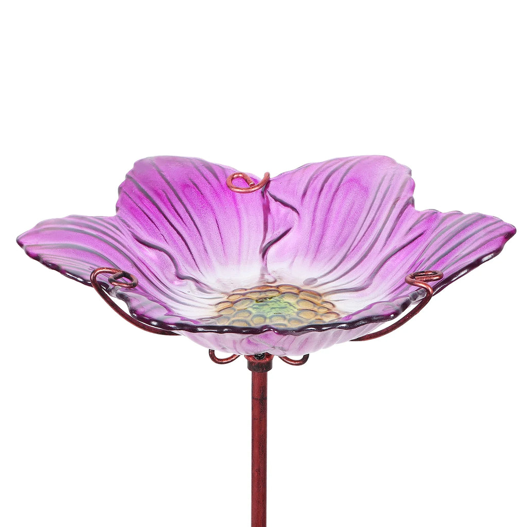 Glass Bird Bath, Outdoor Bird Feeders with Metal Stake, Pink Bird Bowls for Garden Yard Lawn