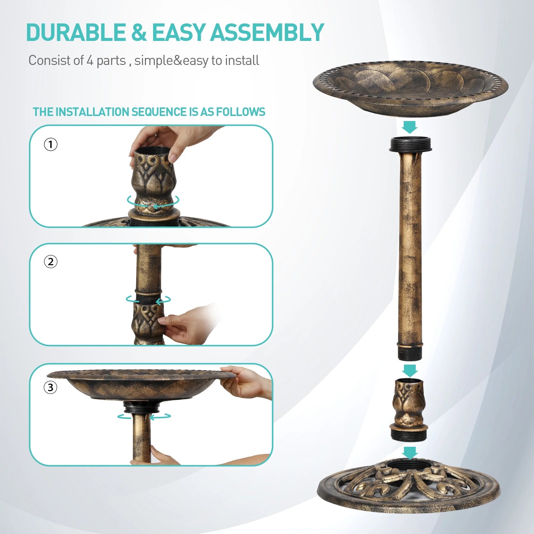 28" H Birdbath Weather Resistant Pedestal Antique Garden Decor Vintage Yard Bird Bath Outdoor