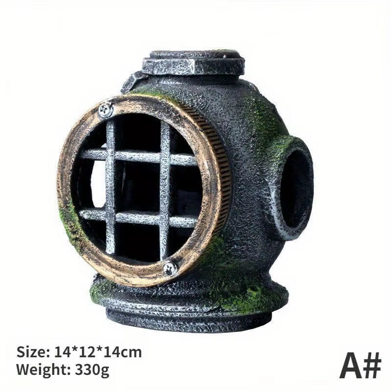 1Pc Resin Diving Helmet Wreck Aquarium Fish Tank Landscaping Creative Decoration Ornament through Rest Shelter for Tank