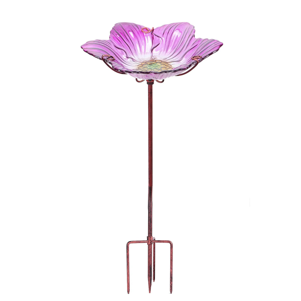 Glass Bird Bath, Outdoor Bird Feeders with Metal Stake, Pink Bird Bowls for Garden Yard Lawn