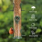 1PK Metal Bird Feeders with 6 Feeding Ports,Tube Bird Feeder with Steel Hanger,Hard Plastic Wild Bird Feeder for Outdoors Hanging, Attracting Birds in Your Lawn, Garden, Balcony–Green