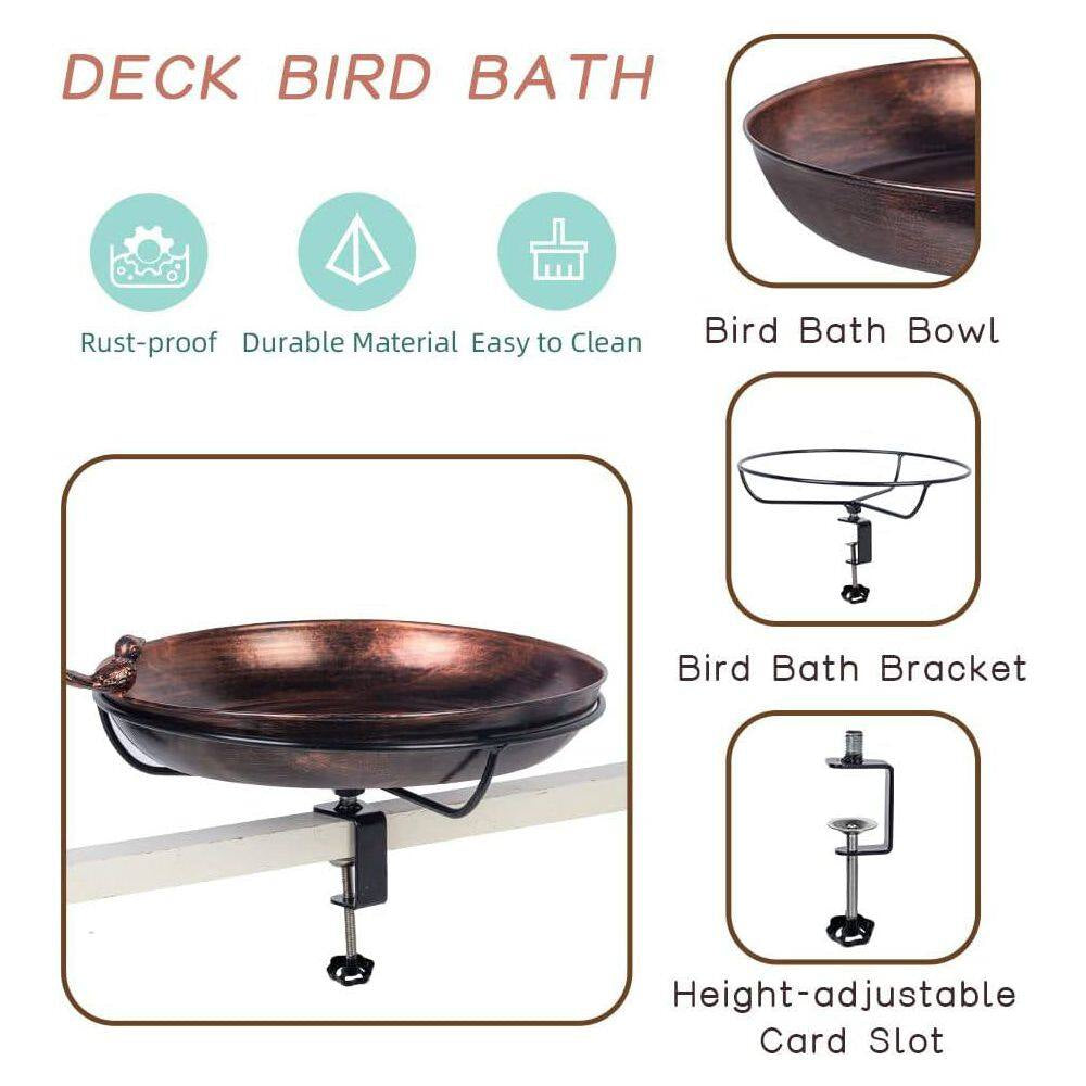 12 In. Metal Deck Mounted Bird Bath with Adjustable Sturdy Clamp for Outdoor Garden Balcony Patio Decoration