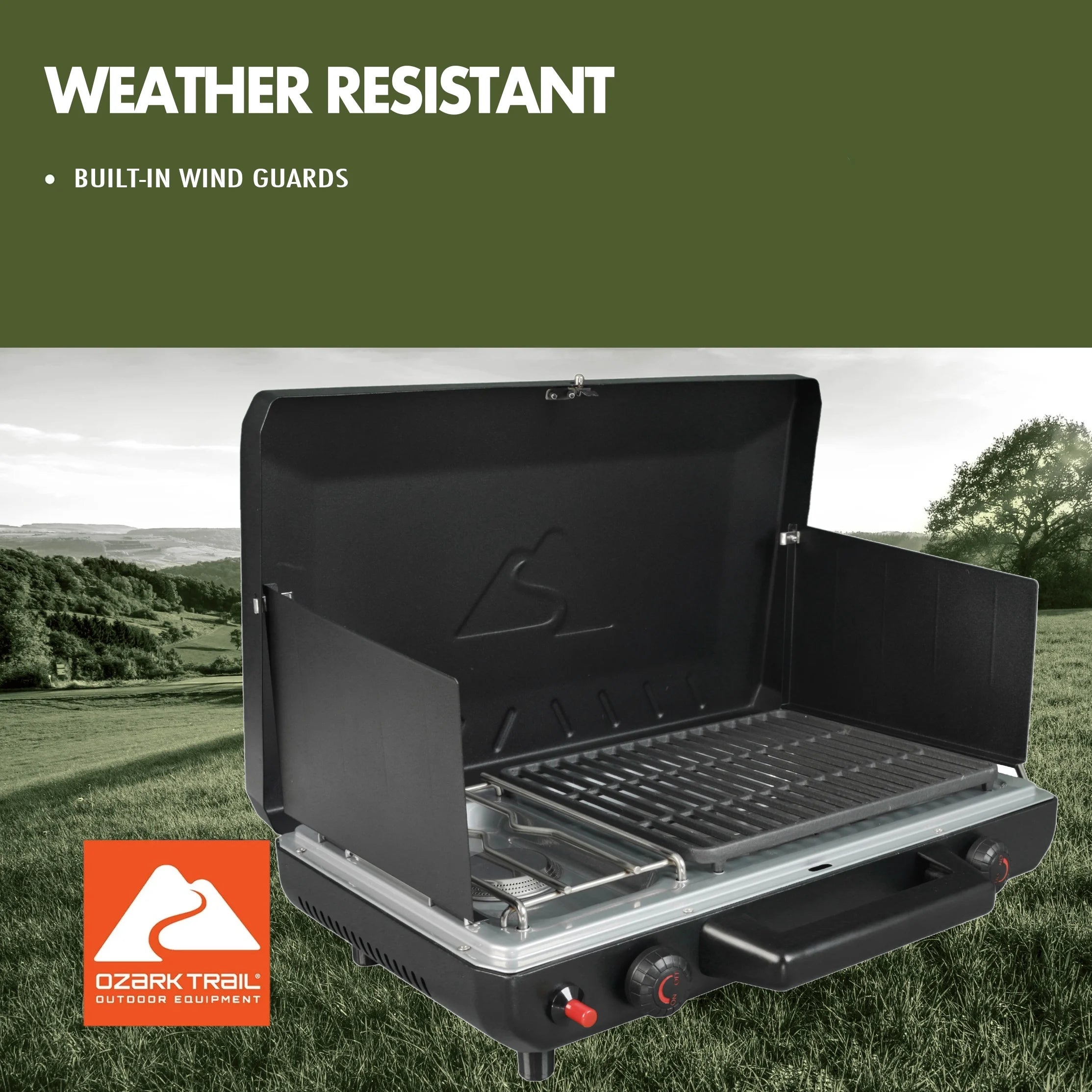 2 Burner Black Propane 2-In-1 Portable Camp Stove and Grill, Model GCT2220WB, New