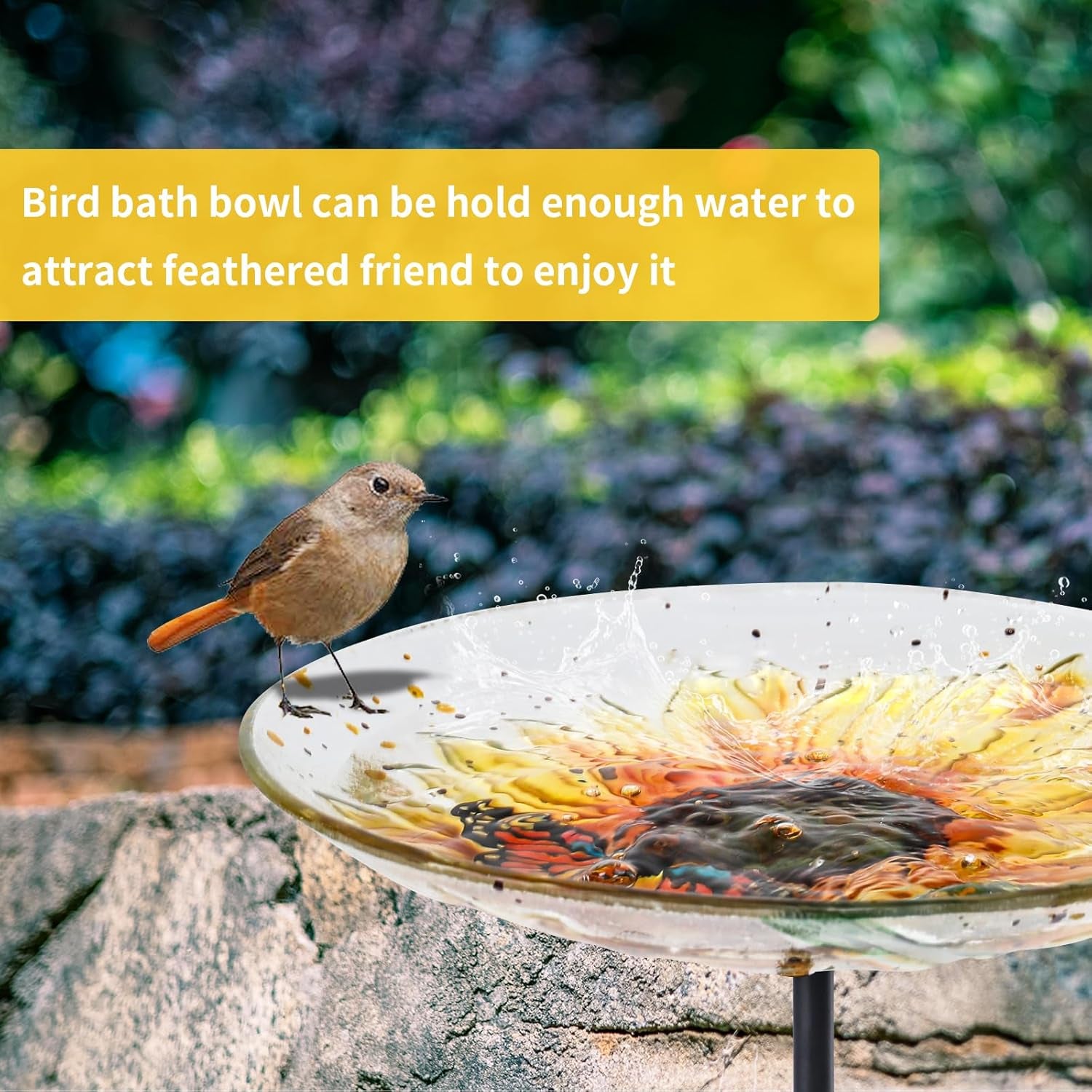 Bird Baths for Outdoors, Glass Birdbath Birdfeeder Bowl with Metal Stake for outside Garden Yard Lawn Sunflower Butterfly Decor