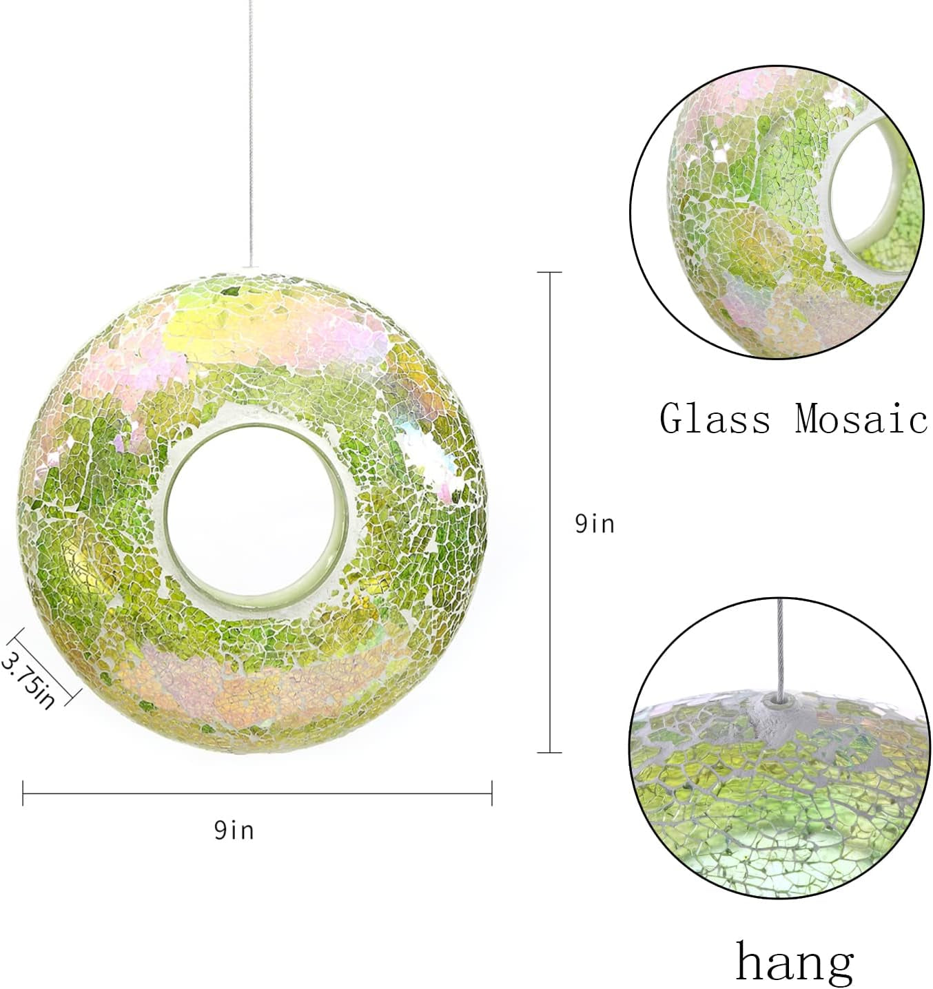 Bird Feeder, round Squirrel-Proof Wild Bird Feeder, Fly-Through Hanging Glass Design, Large Wreath-Shaped Bird Feeder, Mosaic Patterns for Outdoor Gardens and Yards Decoration, Green