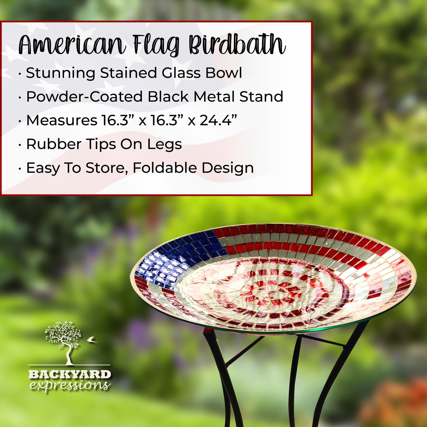 American Flag Mosaic Glass Birdbath with Metal Stand