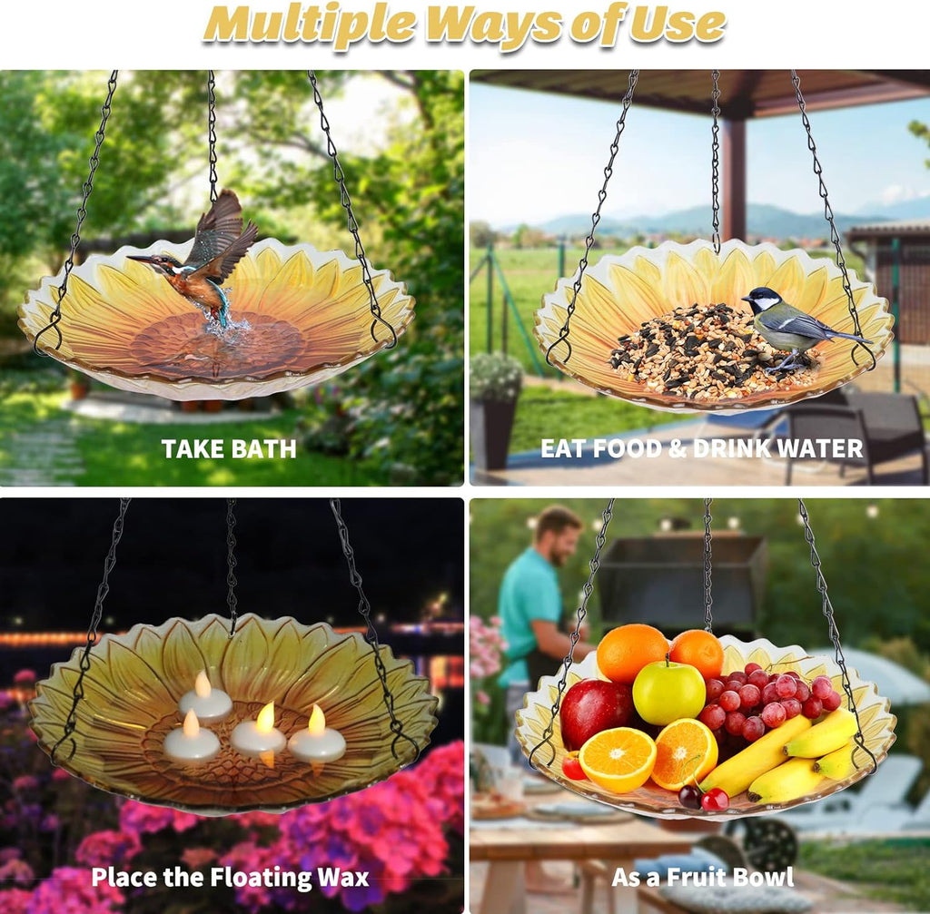 Hanging Bird Bath Outdoor, Sunflower Glass Birdbaths & Birdfeeder with Water Ripple Rim 11 Inch for Garden Yard Patio Decor