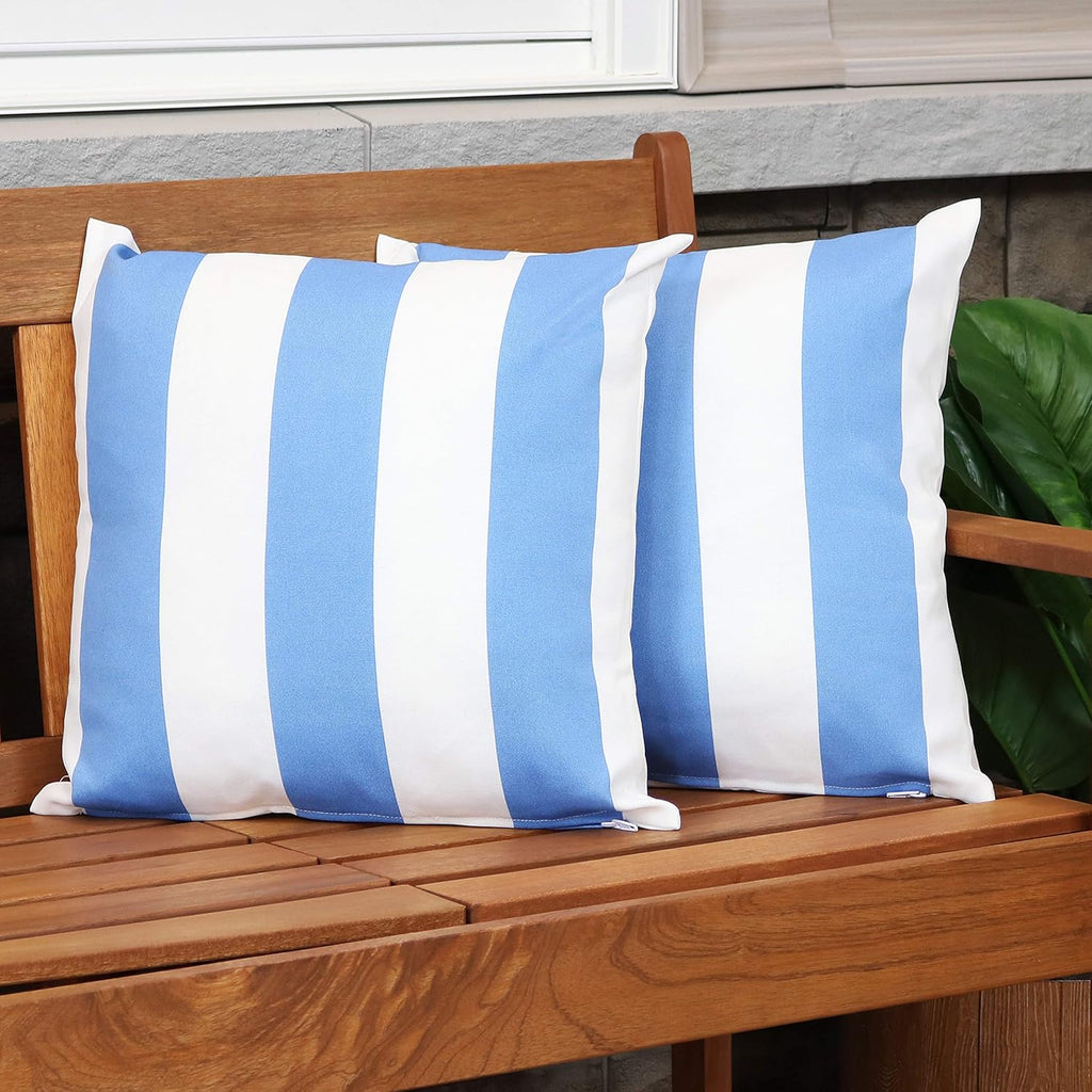 Indoor and Outdoor Decorative Throw Pillows Set of 2 with Zipper Closures and Inserts - 17-Inch Square Patio Furniture Accents - Weather-Resistant Polyester - Beach-Bound Stripe