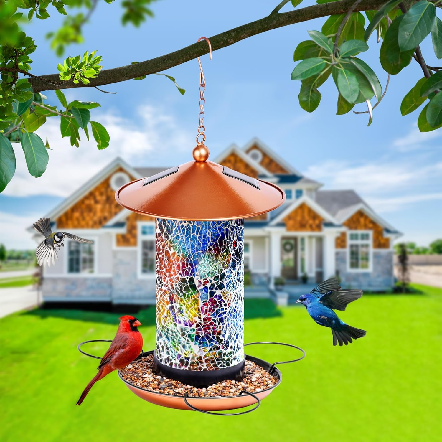 Mosaic Solar Wild Bird Feeder, Waterproof Lantern Shape with S-Hook & 4 LED Lights, Garden Decor for Lawn, Patio, Balcony, Yard Ornament - Unique Gifts for Mom, Women, Grandma, Bird Lovers