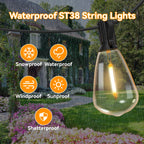 ST38 Outdoor String Lights, 48Ft Connectable Pitao Lights with 2700K Waterproof Bulbs, Dimmable Hanging Lights for Porch Yard Canopy