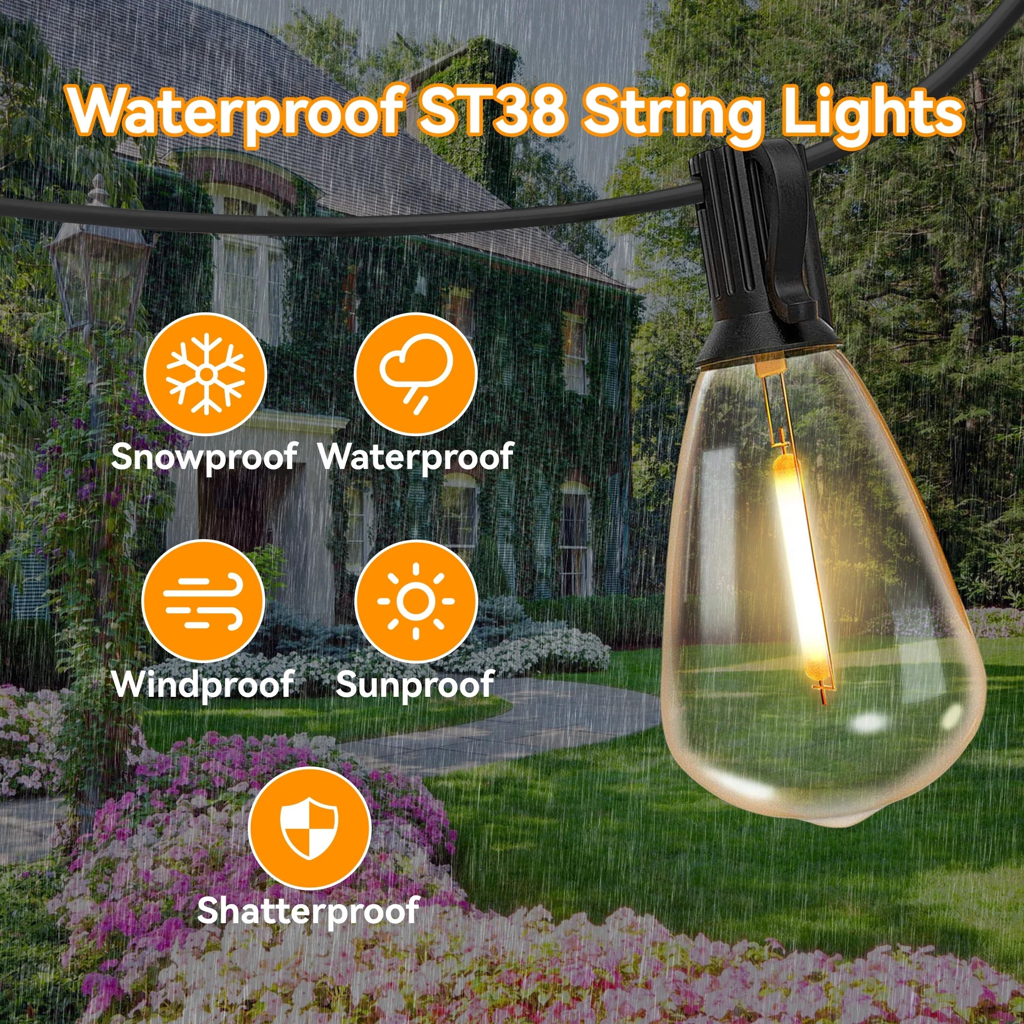 ST38 Outdoor String Lights, 48Ft Connectable Pitao Lights with 2700K Waterproof Bulbs, Dimmable Hanging Lights for Porch Yard Canopy