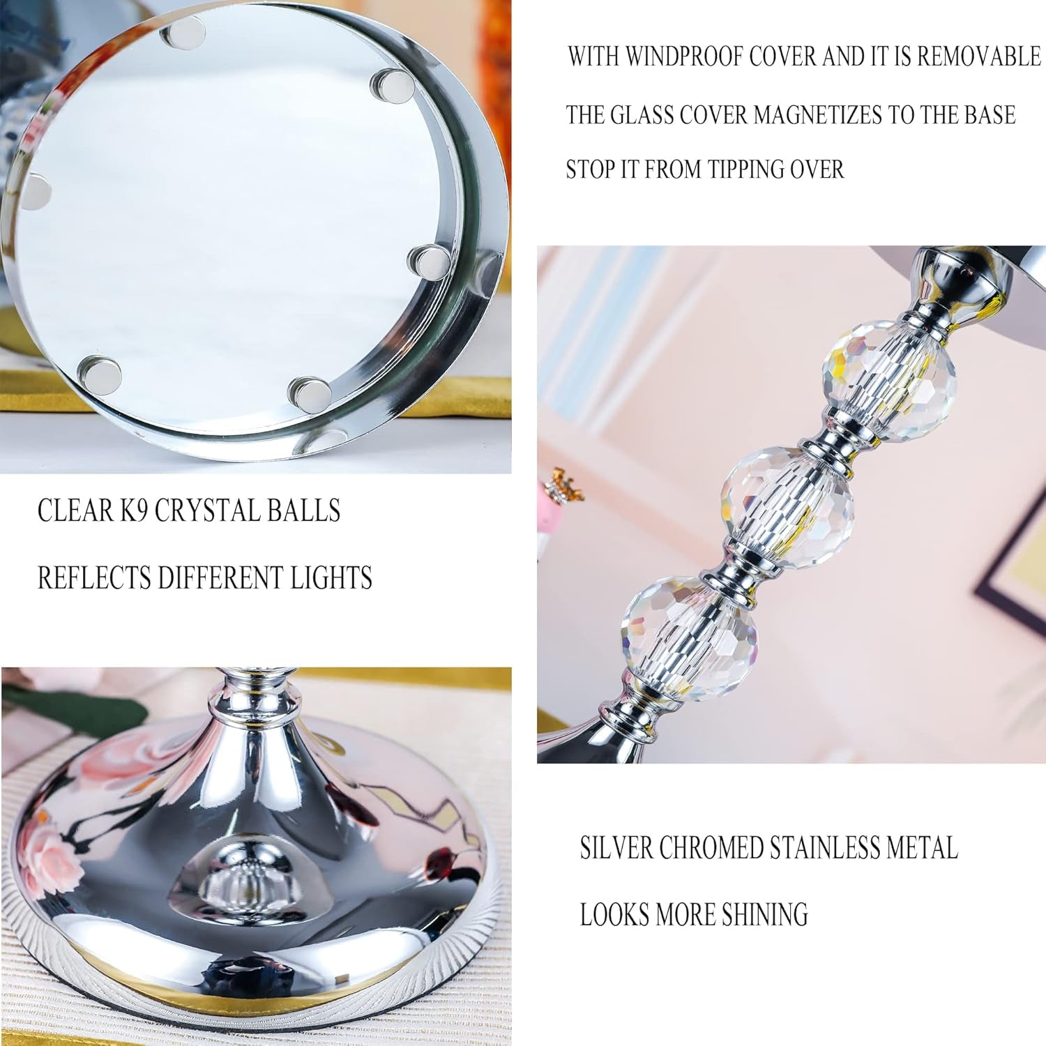 Pillar Candle Holder with Lid,Crystal Candle Holder for Pillar Candle, Candlesticks Holder with 3 Crystal Balls for Coffee Dining Table, Wedding, Christmas, Halloween, Home Decor CH065L