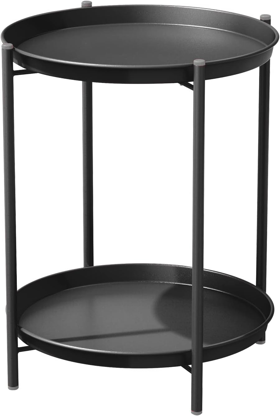 Outdoor Side Table, 2-Tier Metal round End Table, Black