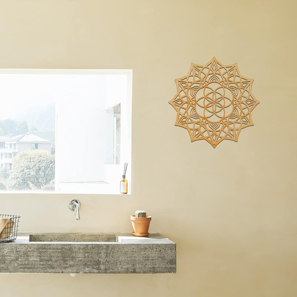 11.5" Sacred Geometry Wall Art, Wooden Mandala Wall Decor, Meditation Chakra Wood Wall Sculpture Art Symbol Spiritual Decor Yoga Gifts Crystal Grid Board (Mandala)