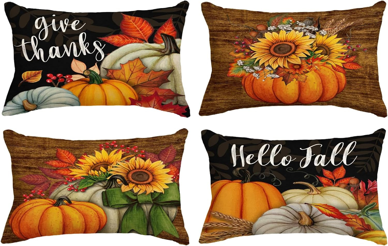 Set of 4 Fall Pillow Covers 12X20 Inch Thanksgiving Pumpkins Throw Pillows Autumn Harvest Sunflower Decorative Cushion Covers Outdoor Sofa Couch Lumbar Pillow Cases Fall Decorations (12 by 20)