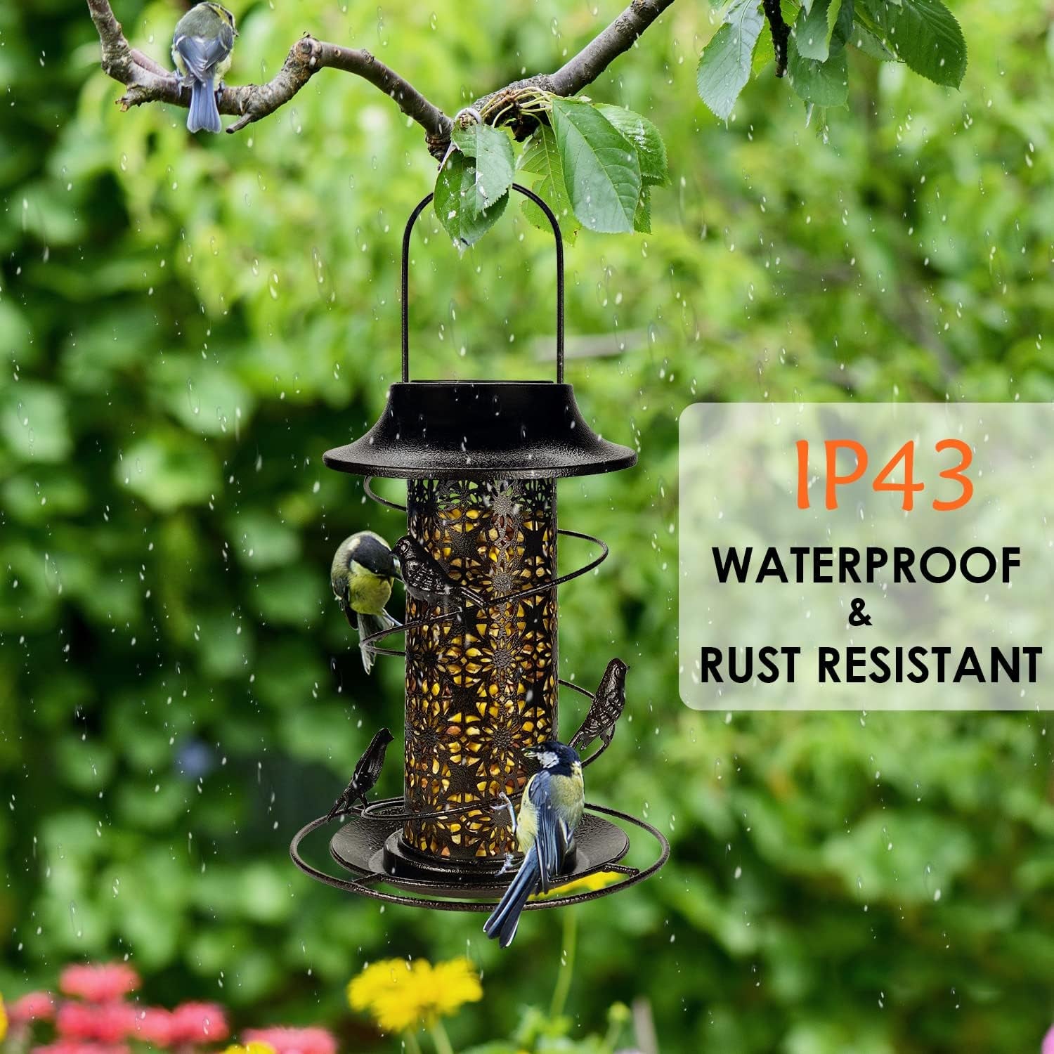 Solar Bird Feeder Heavy Duty Wild Bird Feeder Waterproof Tube Bird Feeder Solar Powered Garden Lantern Bird House Feeder with Light for outside Hanging Garden Decoration - Bronze