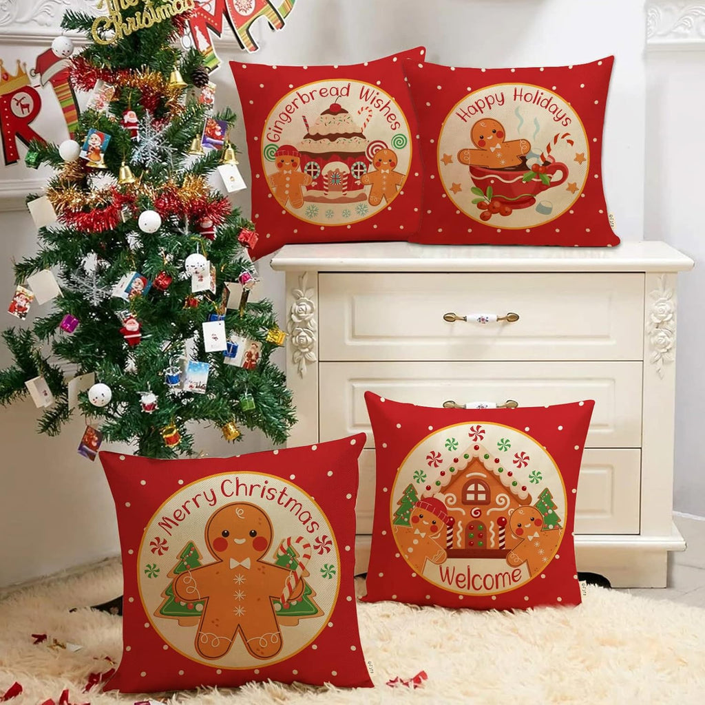 Merry Christmas Gingerbread Man House Decorative Throw Pillow Cover 18X18 Set of 4, Xmas Red Polka Dot Coffee Welcome Home Decorations, Winter Happy Cushion Case Decor for Sofa Couch