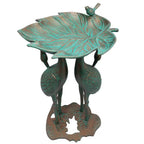 Cast Aluminum 30 In. Twin Crane Copper Patina Bird Bath with Leaf Bowl