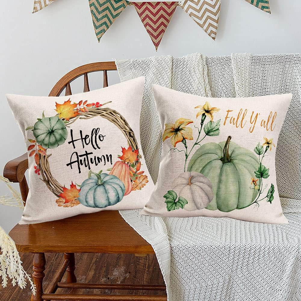 Pumpkin Home Fall Decor Throw Pillow Covers 22X22 Inch Set of 4 Autumn Harvest Maple Leaf Flower with Blue Truck Rustic Farmhouse Decorations Pillow Cases Thanksgiving Cotton Linen