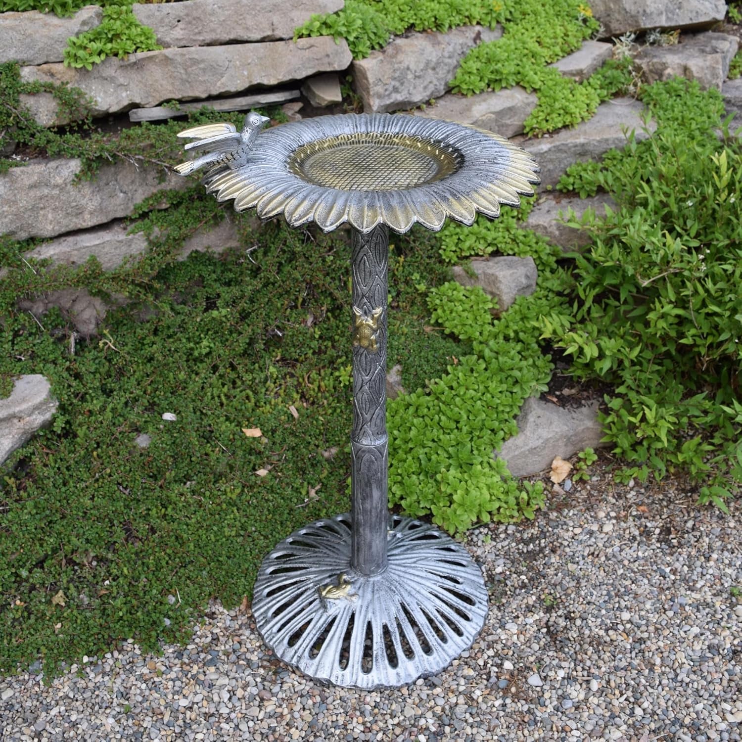 5065AP Antique Pewter Sunflower Design Aluminum Birdbath, Silver