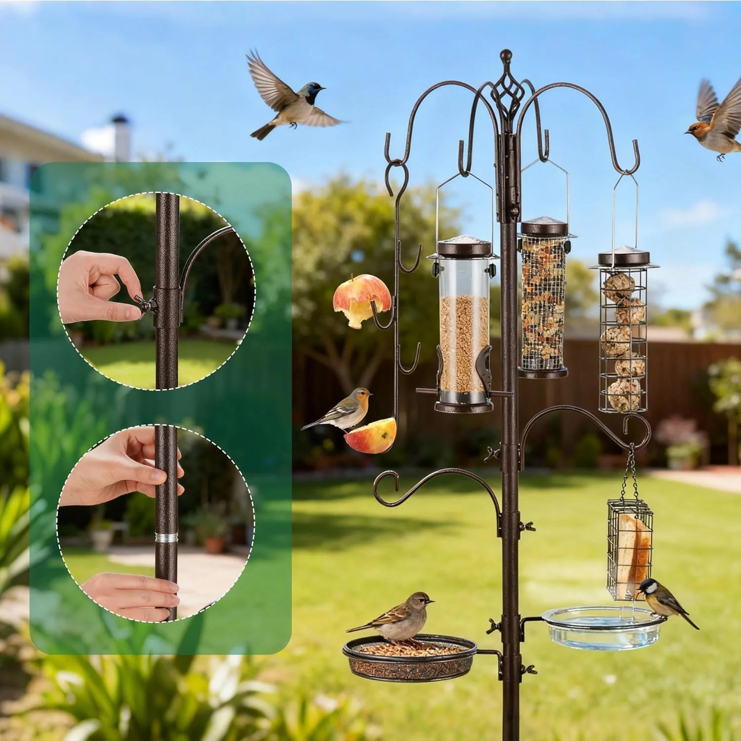 Bird Feeding Station,A Set with 6 Bird Feeders Hanging,Bird Feeder Poles Kit Premium Bird Bath for Attracting Wild Birds,Black