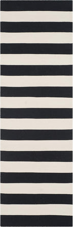 Montauk Collection Runner Rug - 2'3" X 13', Black & Ivory, Handmade Flat Weave Boho Farmhouse Cotton Stripe, Ideal for High Traffic Areas in Living Room, Bedroom (MTK712D)