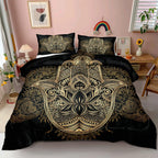Boho King Comforter Set Black and Gold Comforter Hamsa Hand of Fatima Bohemian Floral Printed Hippie Bedding Sets 1 Comforter 2 Pillowcases(King, Hamsa Hand)