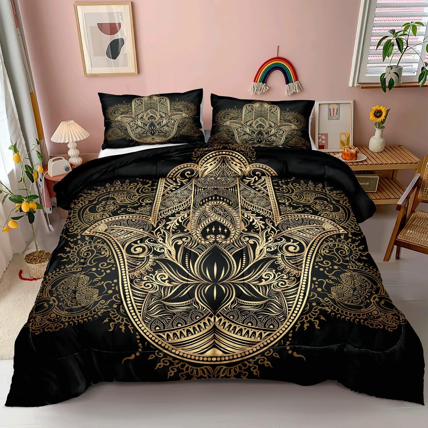Boho King Comforter Set Black and Gold Comforter Hamsa Hand of Fatima Bohemian Floral Printed Hippie Bedding Sets 1 Comforter 2 Pillowcases(King, Hamsa Hand)
