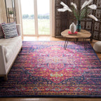 Evoke Collection 8' X 10' Blue / Fuchsia EVK275F Oriental Medallion Distressed Non-Shedding Living Room Bedroom Dining Home Office Area Rug