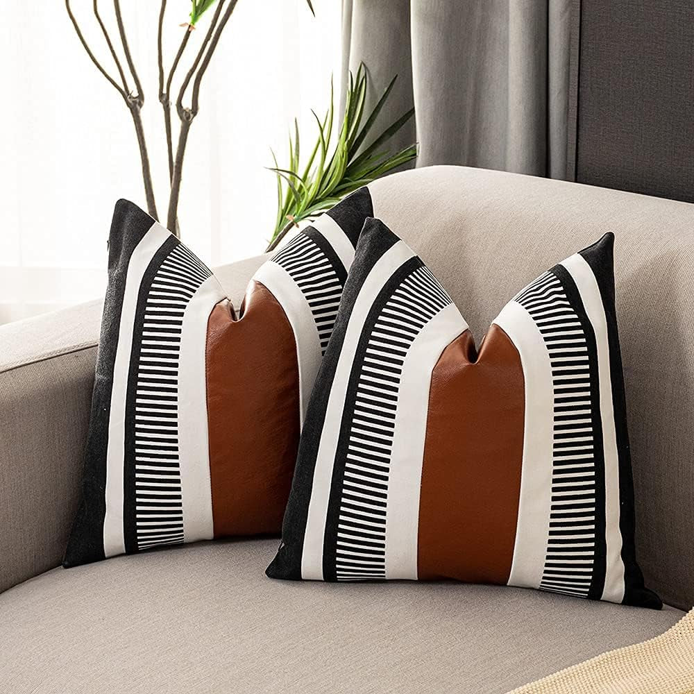 Farmhouse Throw Pillow Covers -Decorative Faux Leather Pillow Cases for Couch Sofa Livingroom Tribal Stripe Accent Cushion Cover 18X18 Inch (2, 18''X18'')