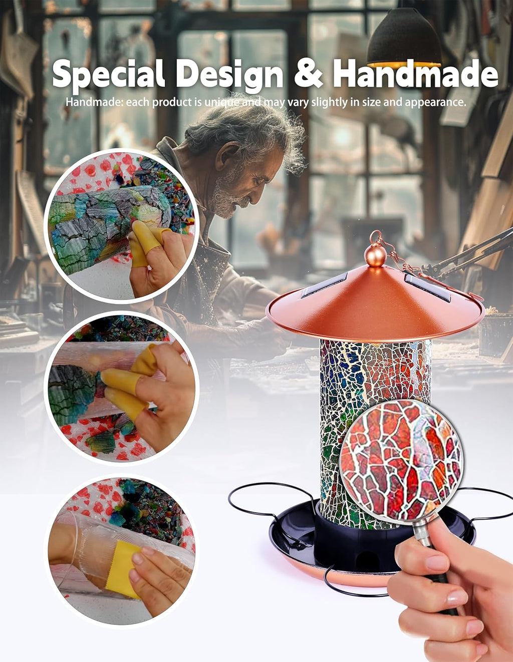 Mosaic Solar Wild Bird Feeder, Waterproof Lantern Shape with S-Hook & 4 LED Lights, Garden Decor for Lawn, Patio, Balcony, Yard Ornament - Unique Gifts for Mom, Women, Grandma, Bird Lovers