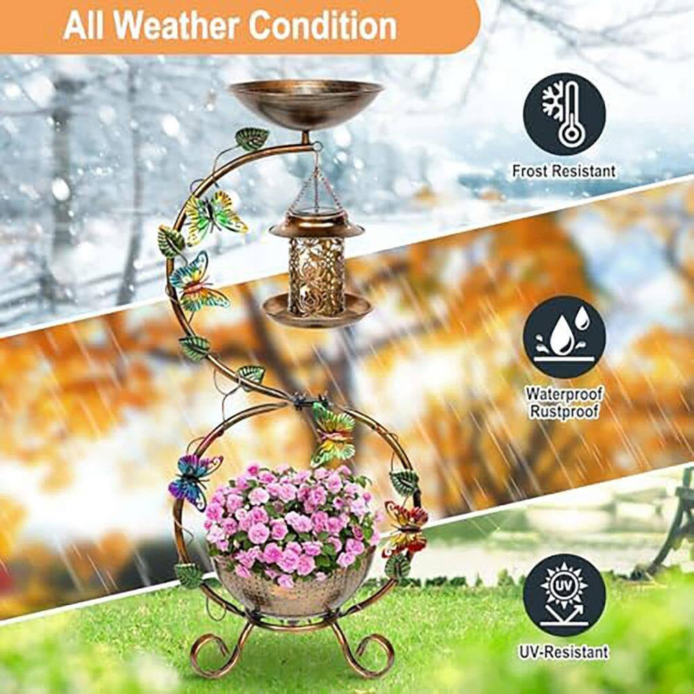 3-In-1 38 In. Vintage Metal Waterproof Bird Bath Black with Solar Bird Feeder and Planter Pedestal