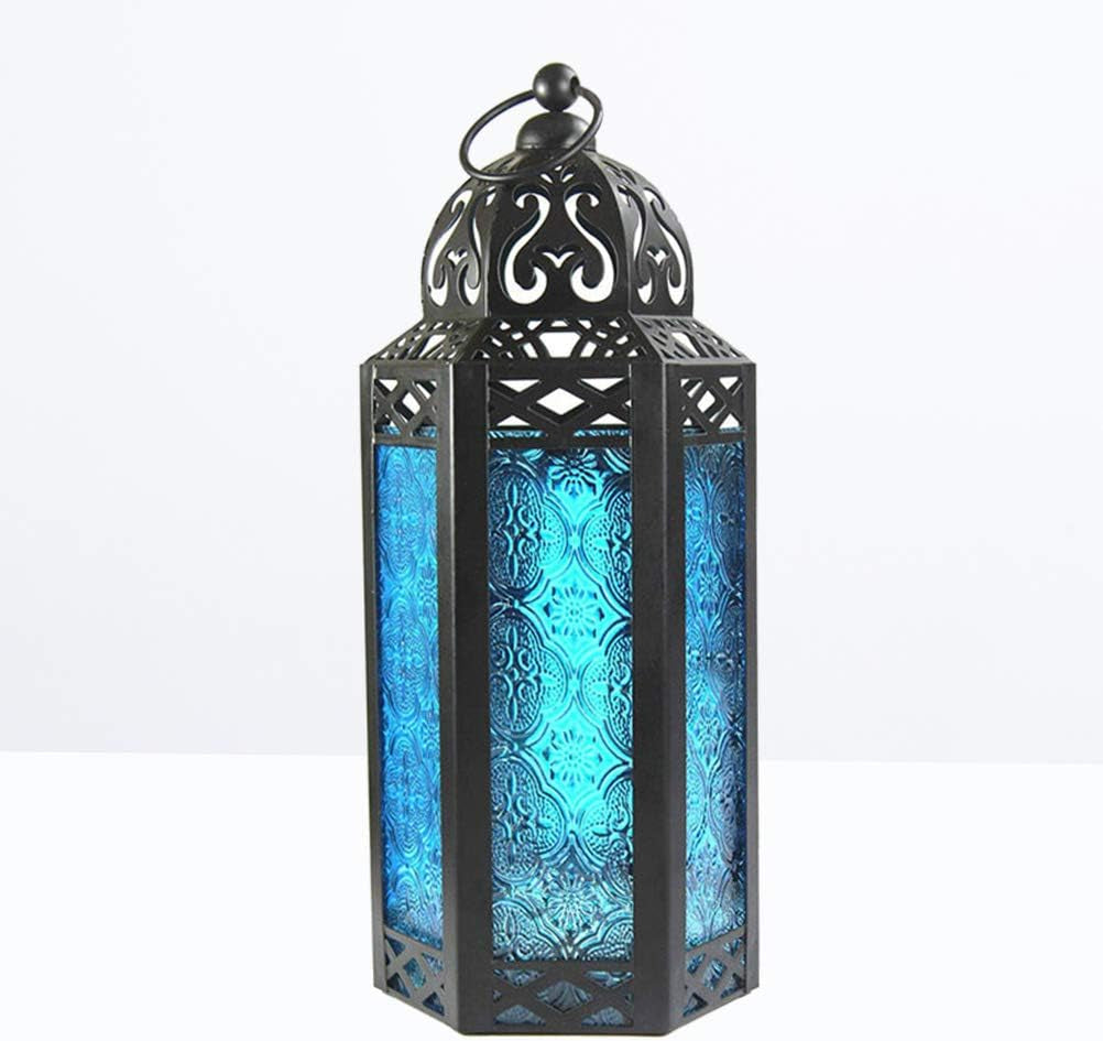 Hanging Lantern, Vintage Wrought Iron Hanging Candle Holder, Candle Holder for Courtyard Table (Blue)