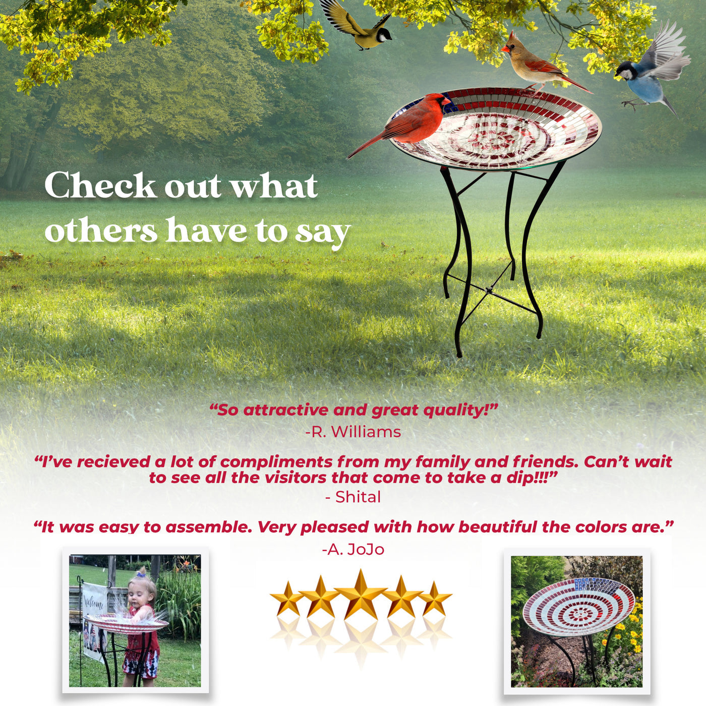 American Flag Mosaic Glass Birdbath with Metal Stand