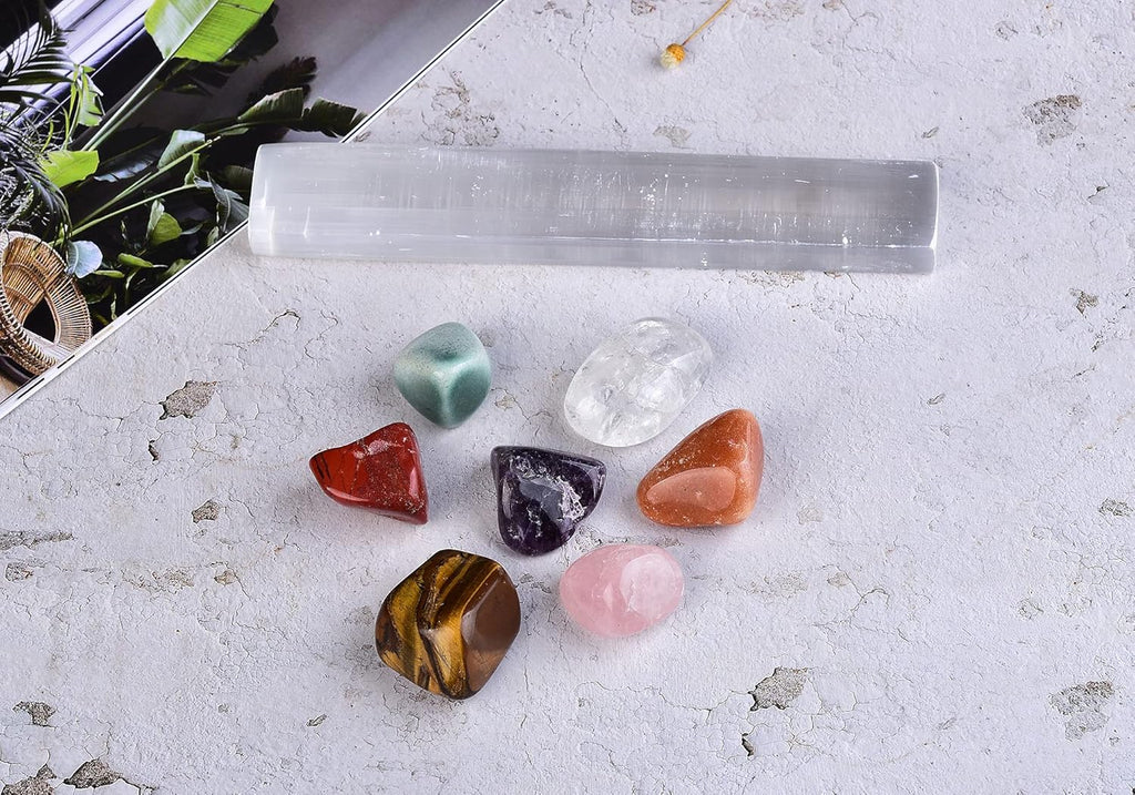 6" Selenite Ruler 7 Chakra Engraved Selenite Charging Slab Chakra Stones Set