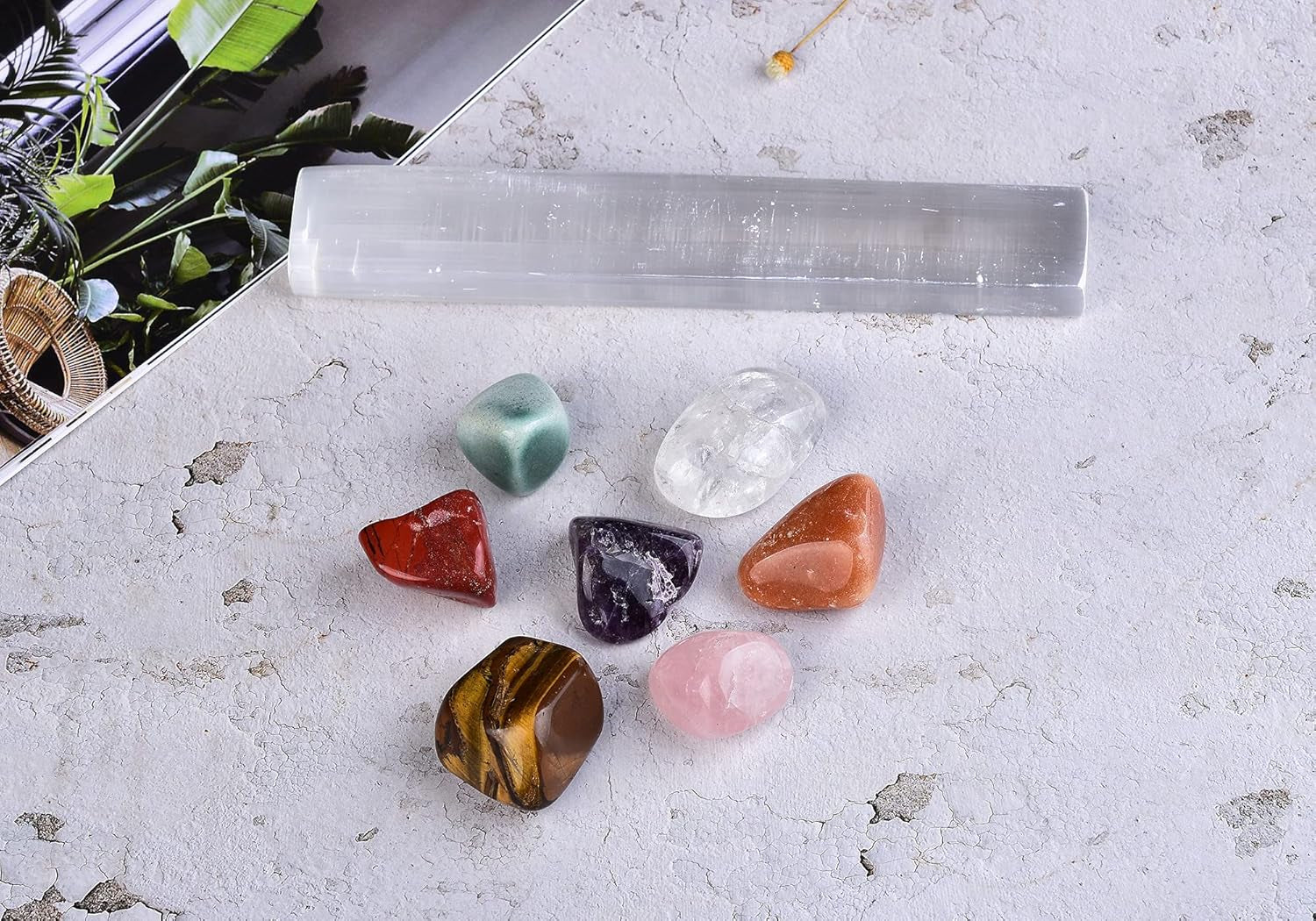 6" Selenite Ruler 7 Chakra Engraved Selenite Charging Slab Chakra Stones Set