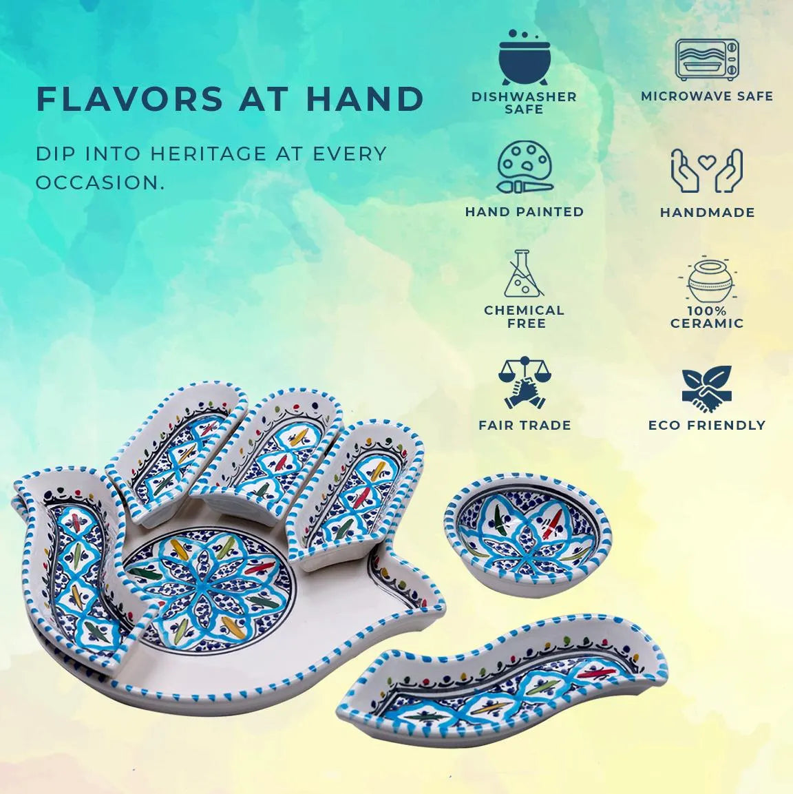 Ceramic Serving and Dipping Set - Handmade Boho Turquoise Hamsa
