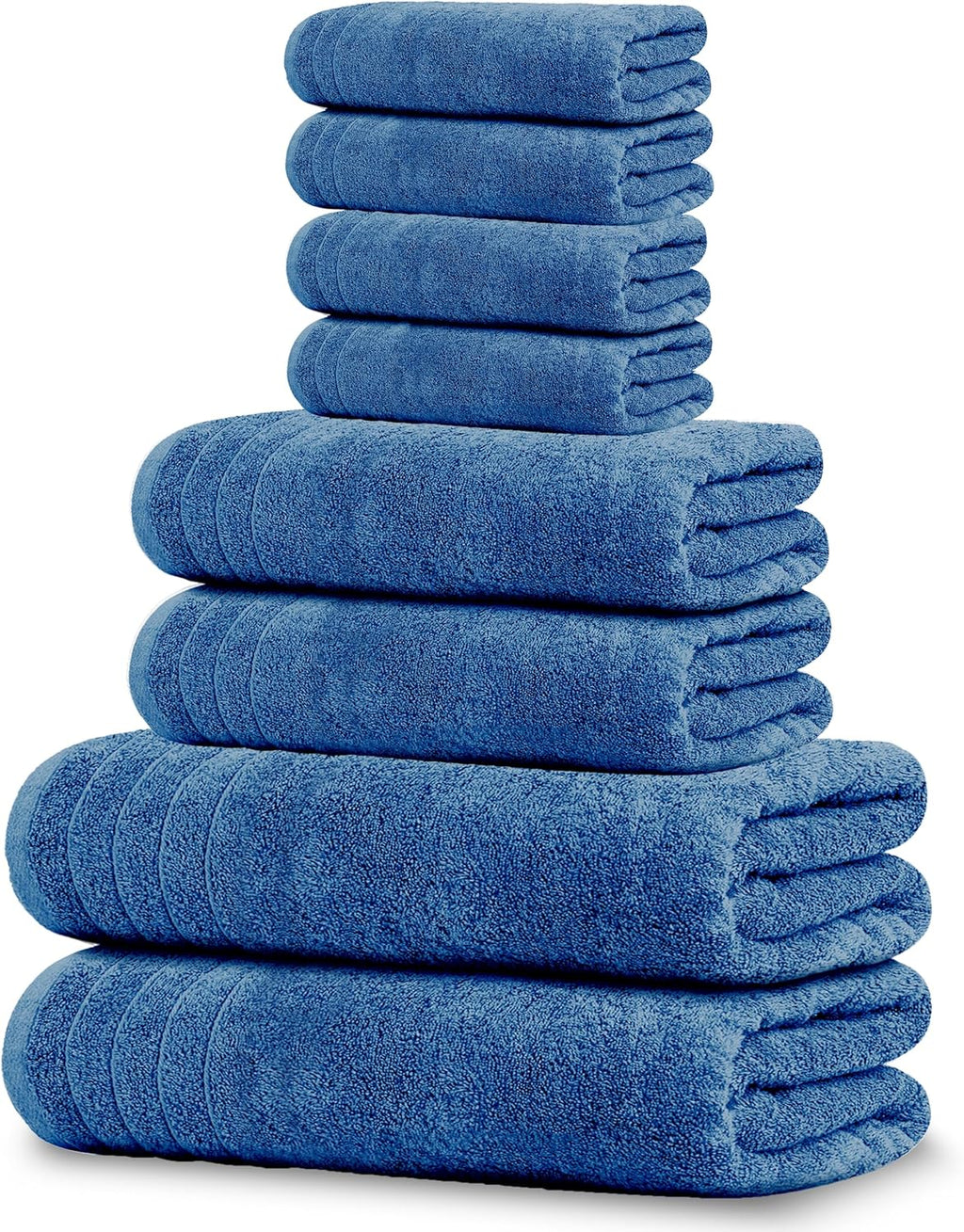 Pack of 8 Towels Set, 2 Extra Large Bath, 2 Hand, 4 Washcloths, 100% Cotton, Lighter Weight, Quicker to Dry, Super Absorbent, Perfect for Bathroom, Blue