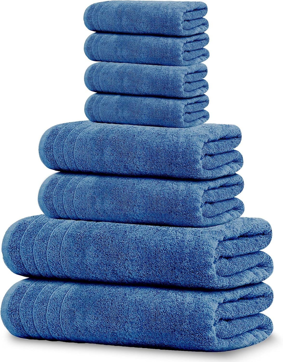 Pack of 8 Towels Set, 2 Extra Large Bath, 2 Hand, 4 Washcloths, 100% Cotton, Lighter Weight, Quicker to Dry, Super Absorbent, Perfect for Bathroom, Blue